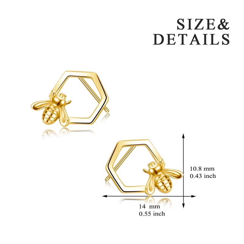 LUHE Honeycomb with Bee Stud Earrings Sterling Silver 18K Gold Plated Beehive and Bee Earrings for Women - Image 3